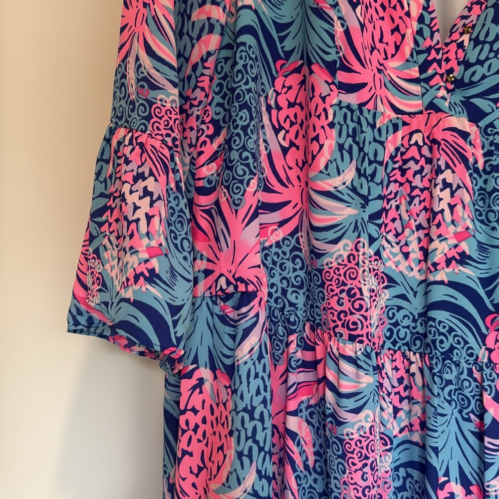 Lilly Pulitzer Women's Sz 8 Blue Pink Abstract Floral Print Tiered Midi Dress - Picture 4 of 5